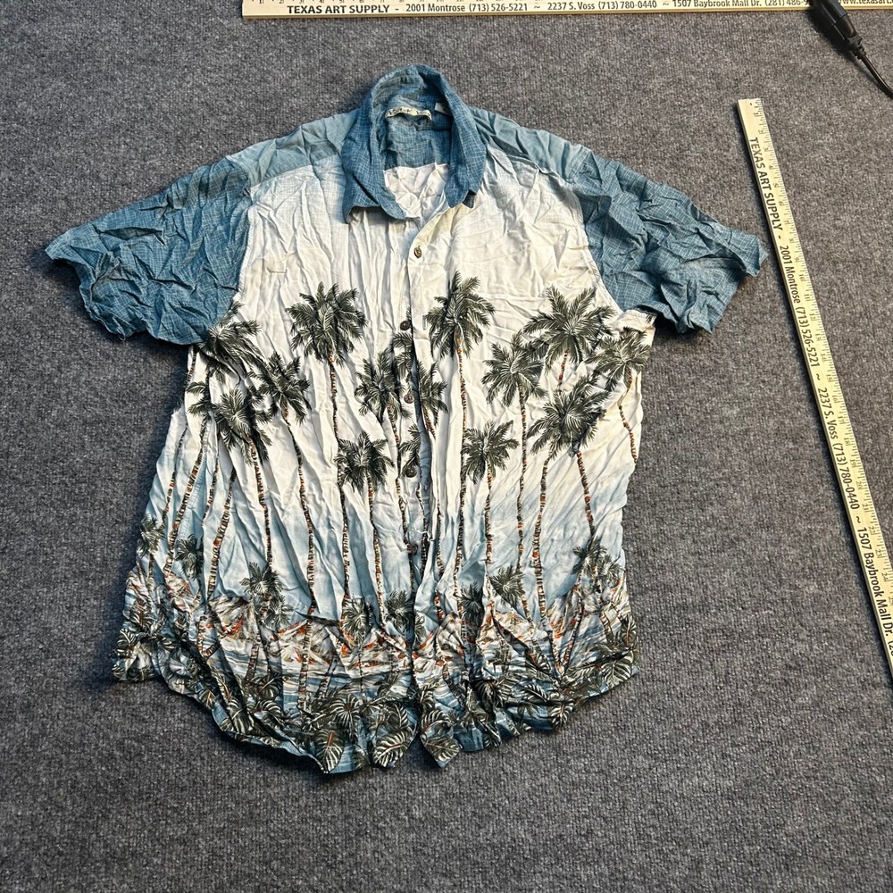 Back East Button Down Mens Size XL Blue Rayon Palm Tree Tropical Short Sleeve